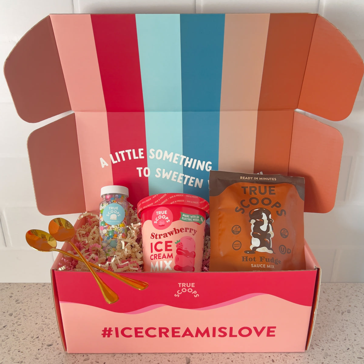 True Scoops strawberry and hot fudge ice cream sundae kit 