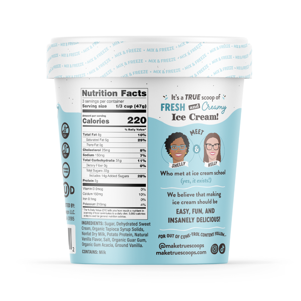 Vanilla bean ice cream mix back of pint packaging