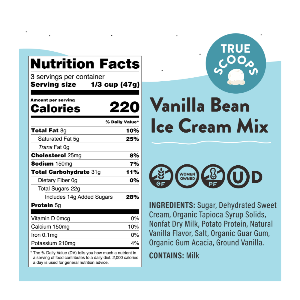 Vanilla bean ice cream mix nutrition panel 