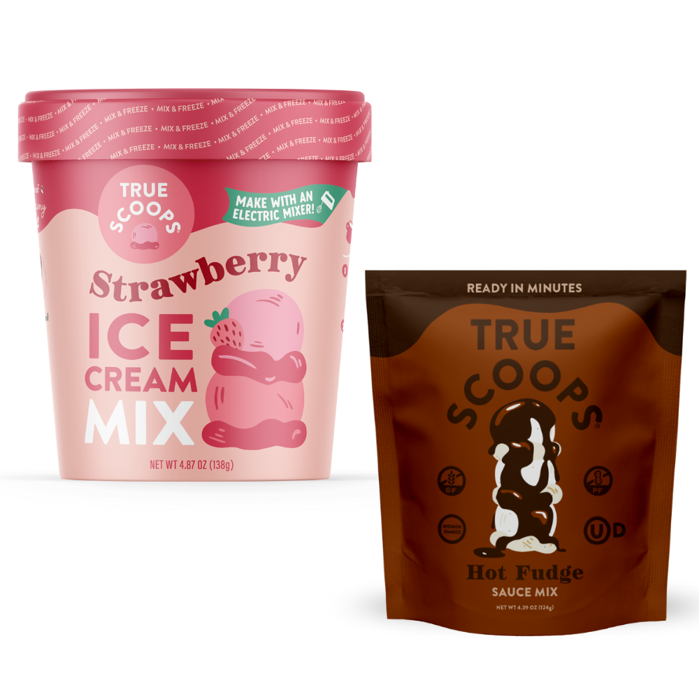 Strawberry ice cream mix and hot fudge sauce mix to make homemade ice cream sundaes